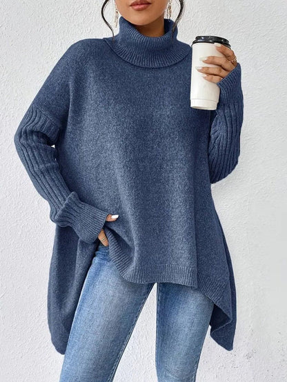 Oversized coltrui voor dames – geribbelde gebreide trui met hoge hals en asymmetrische zoom om relaxed te lagen in de winter