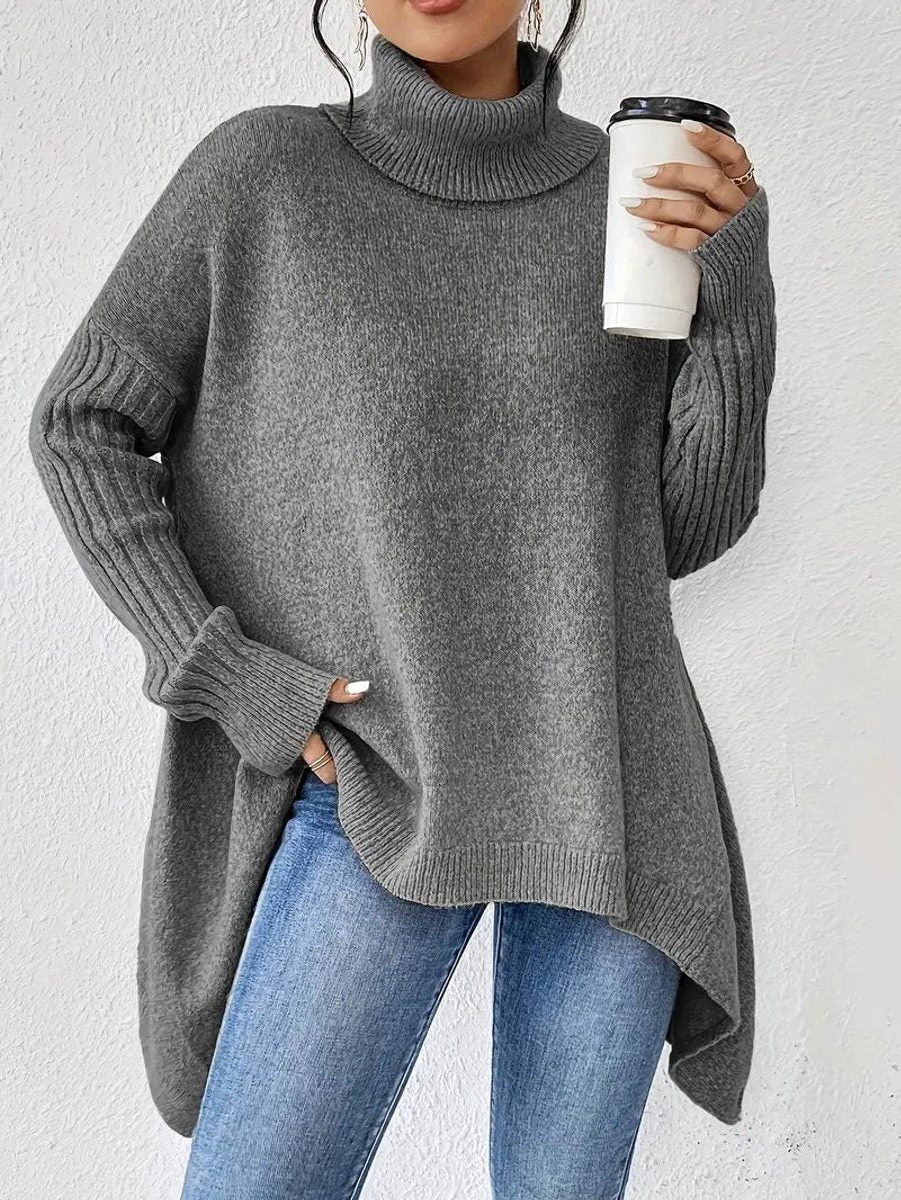Oversized coltrui voor dames – geribbelde gebreide trui met hoge hals en asymmetrische zoom om relaxed te lagen in de winter