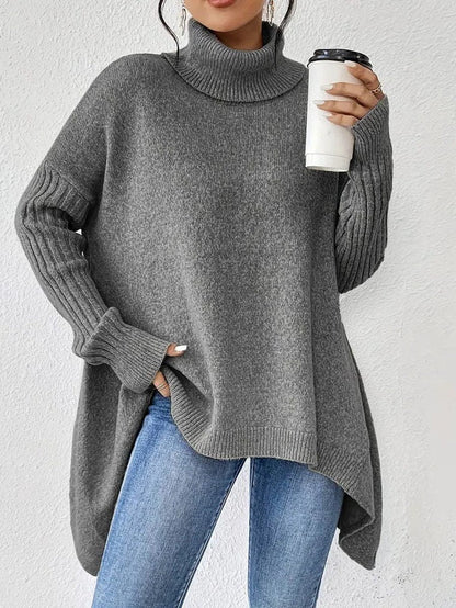 Oversized coltrui voor dames – geribbelde gebreide trui met hoge hals en asymmetrische zoom om relaxed te lagen in de winter