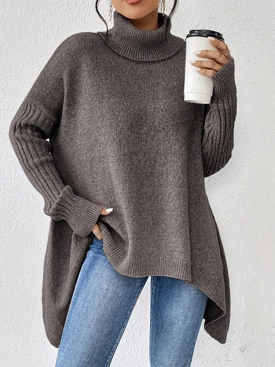 Oversized coltrui voor dames – geribbelde gebreide trui met hoge hals en asymmetrische zoom om relaxed te lagen in de winter