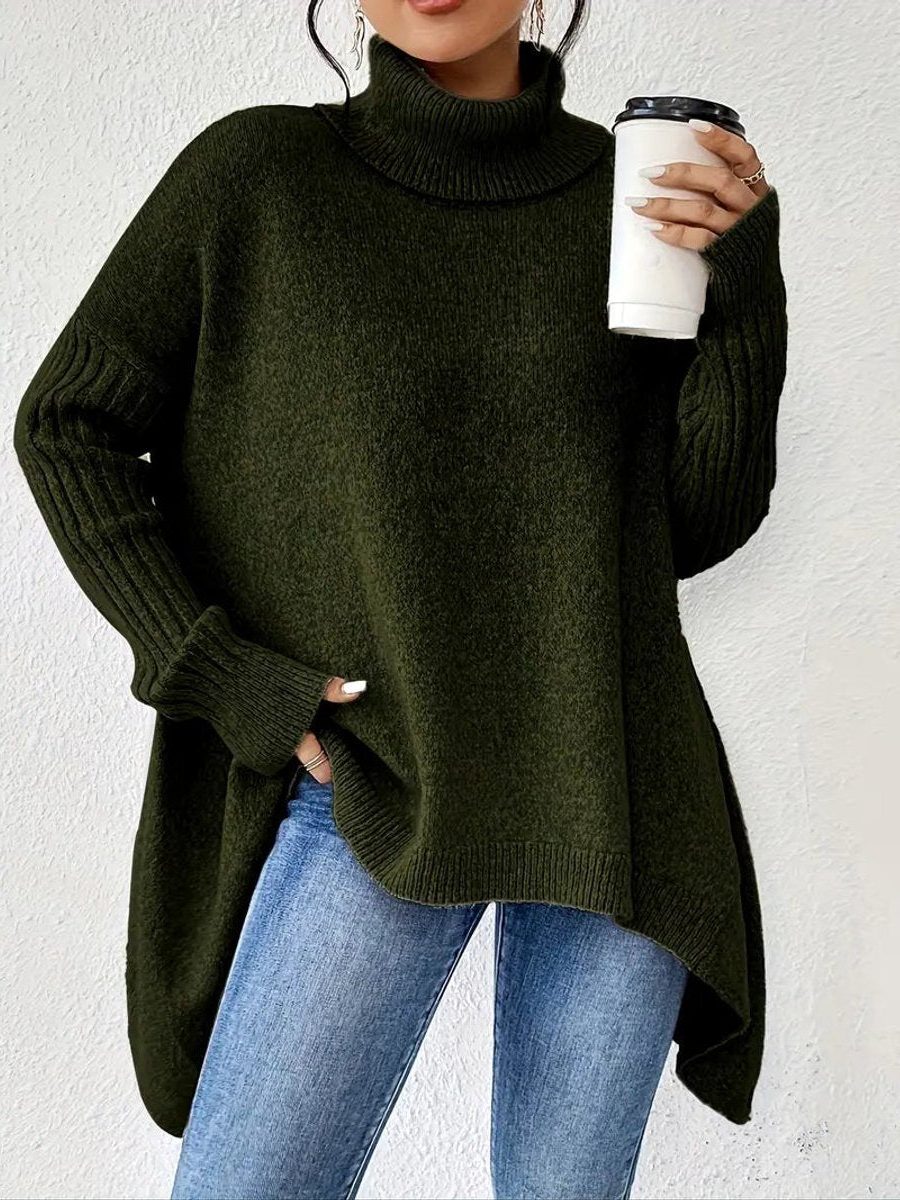 Oversized coltrui voor dames – geribbelde gebreide trui met hoge hals en asymmetrische zoom om relaxed te lagen in de winter
