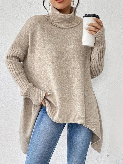 Oversized coltrui voor dames – geribbelde gebreide trui met hoge hals en asymmetrische zoom om relaxed te lagen in de winter