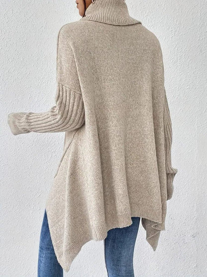 Oversized coltrui voor dames – geribbelde gebreide trui met hoge hals en asymmetrische zoom om relaxed te lagen in de winter