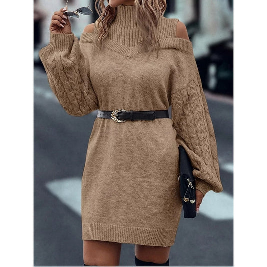 Cold-Shoulder Turtleneck Sweater Dress with Cable Knit Sleeves