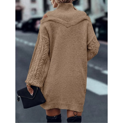 Cold-Shoulder Turtleneck Sweater Dress with Cable Knit Sleeves