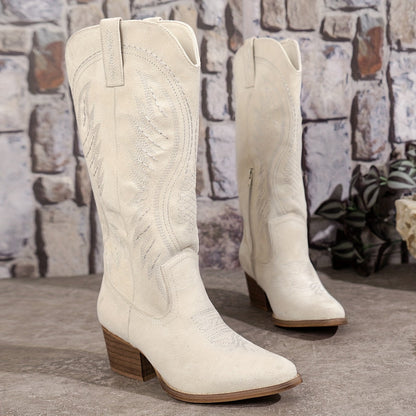 Embroidered Knee High Boots with Pointed Toe and Block Heel